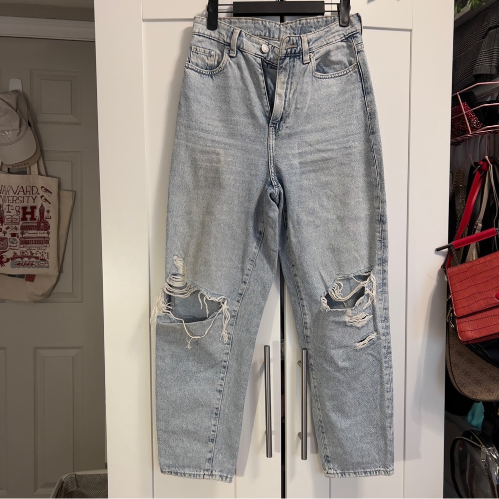 Women's Light Blue Distressed High Rise Mom Jeans